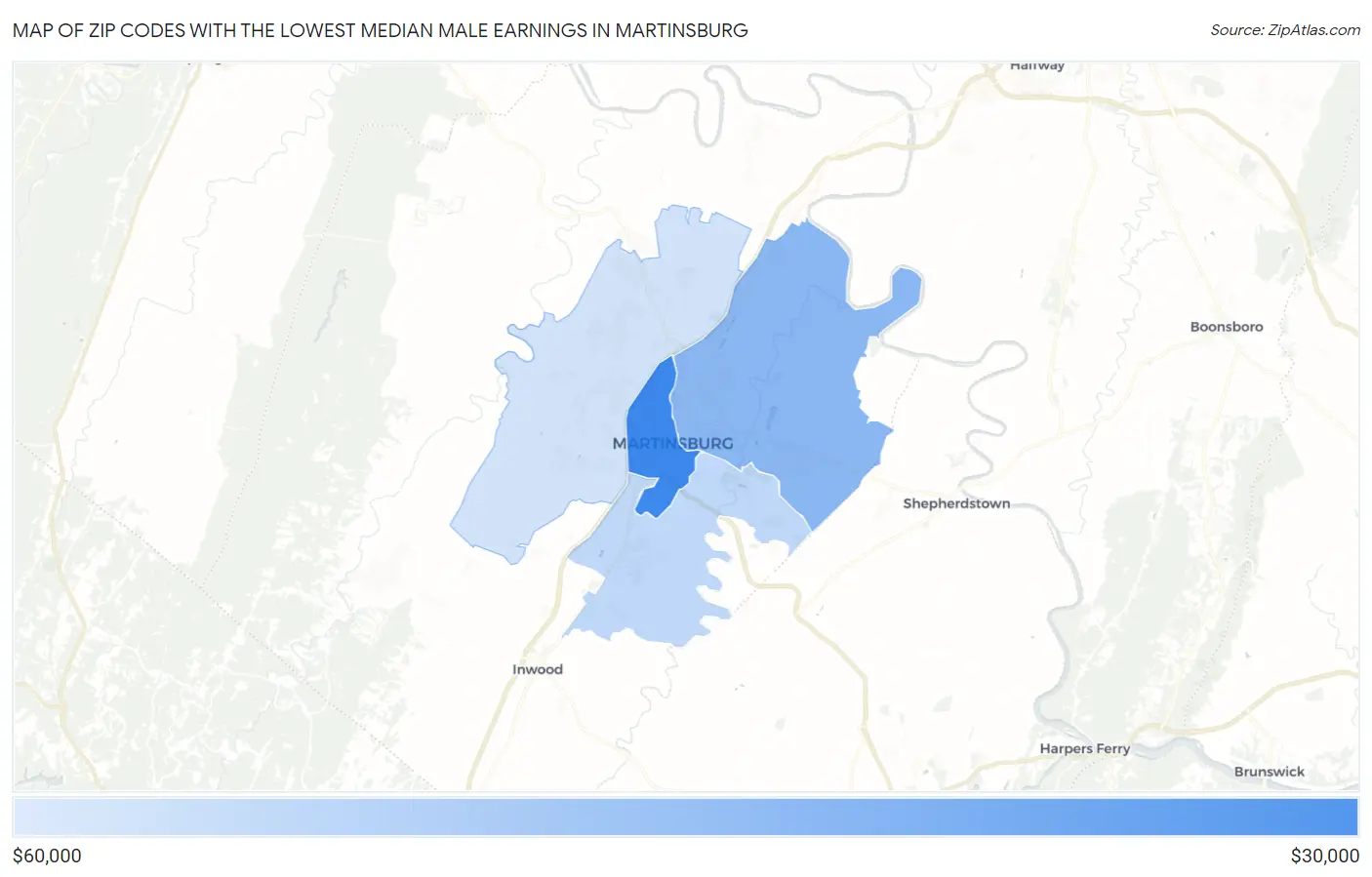 Zip Codes with the Lowest Median Male Earnings in Martinsburg Map