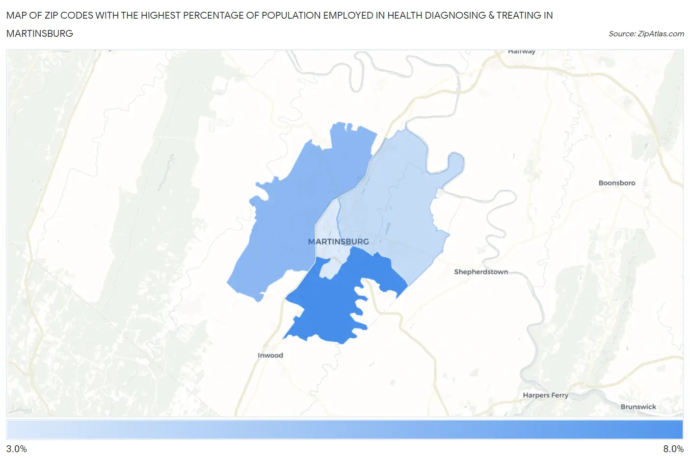 Zip Codes with the Highest Percentage of Population Employed in Health Diagnosing & Treating in Martinsburg Map