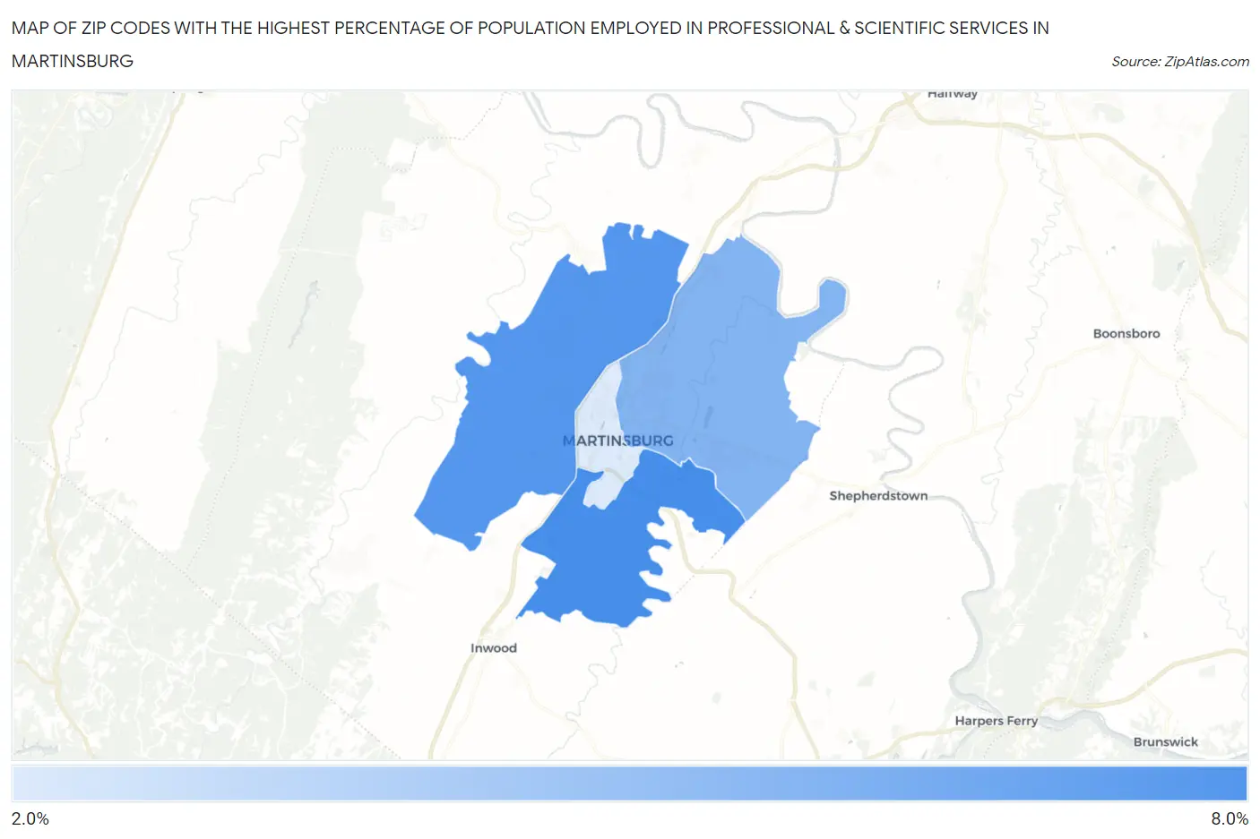 Zip Codes with the Highest Percentage of Population Employed in Professional & Scientific Services in Martinsburg Map