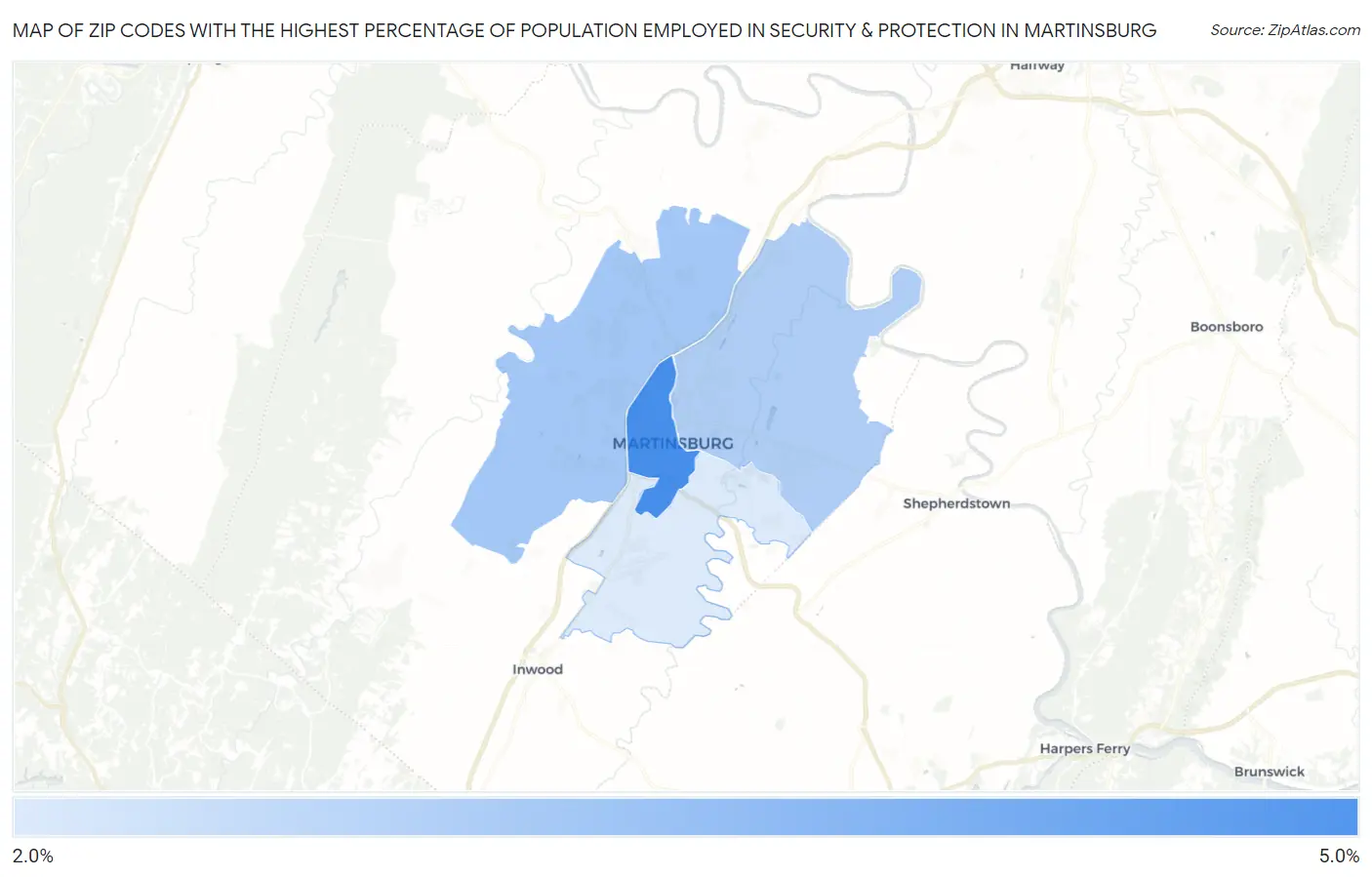 Zip Codes with the Highest Percentage of Population Employed in Security & Protection in Martinsburg Map