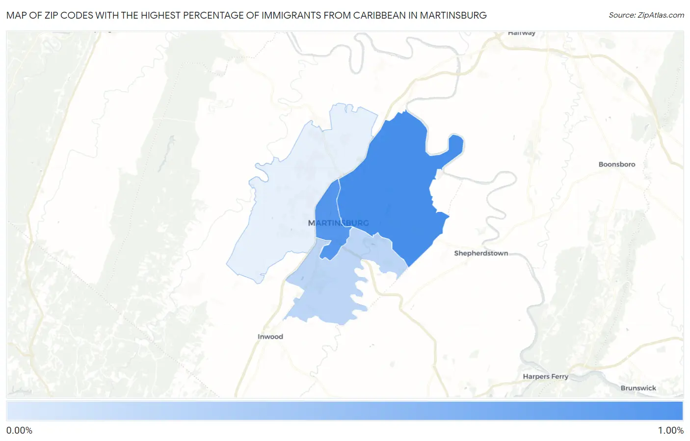 Zip Codes with the Highest Percentage of Immigrants from Caribbean in Martinsburg Map