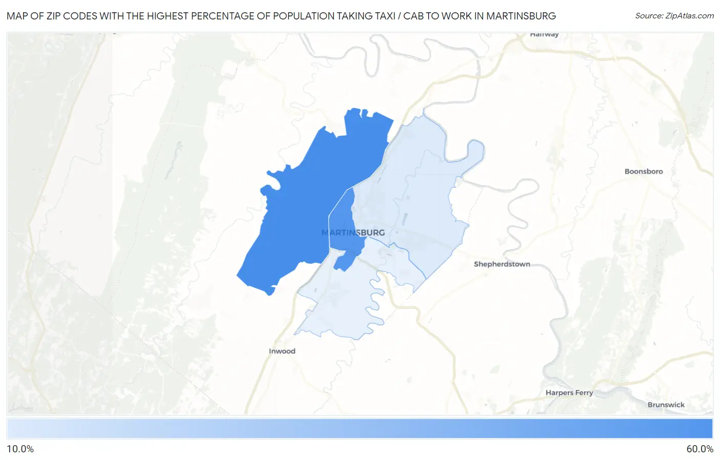 Zip Codes with the Highest Percentage of Population Taking Taxi / Cab to Work in Martinsburg Map