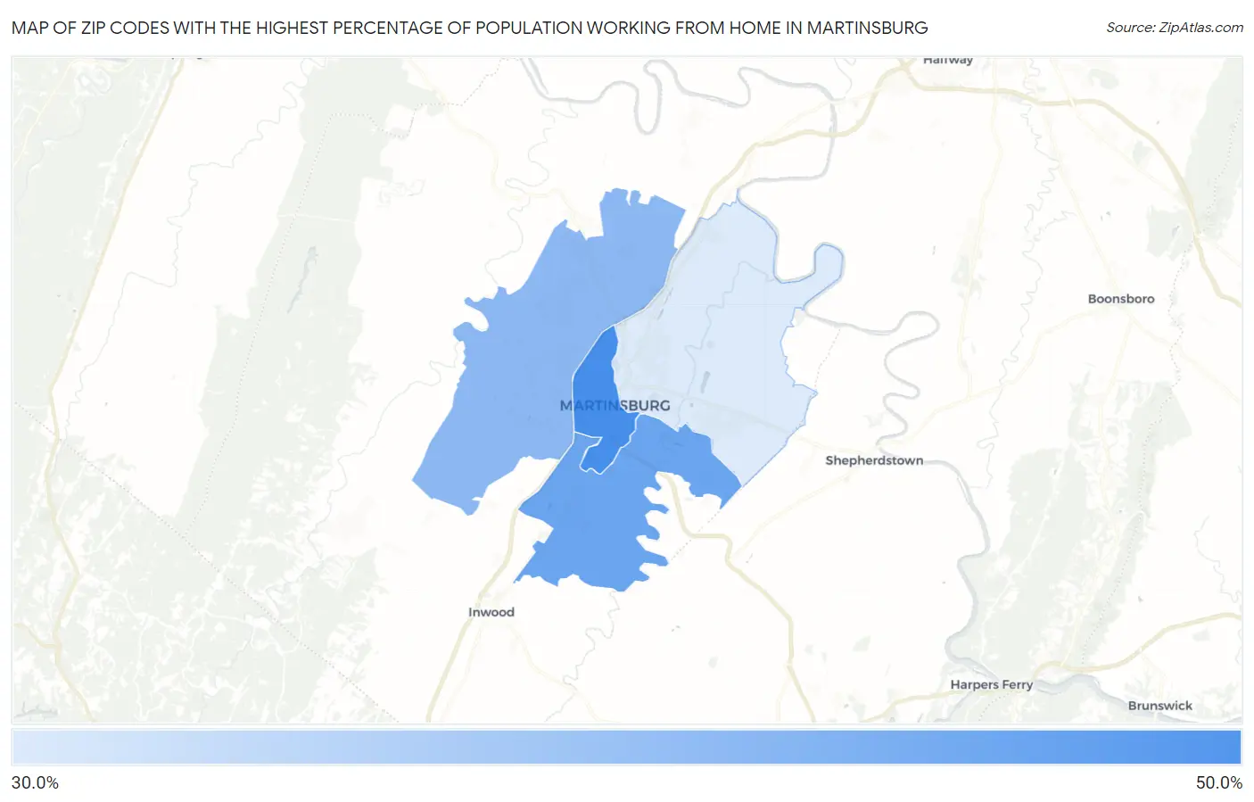 Zip Codes with the Highest Percentage of Population Working from Home in Martinsburg Map