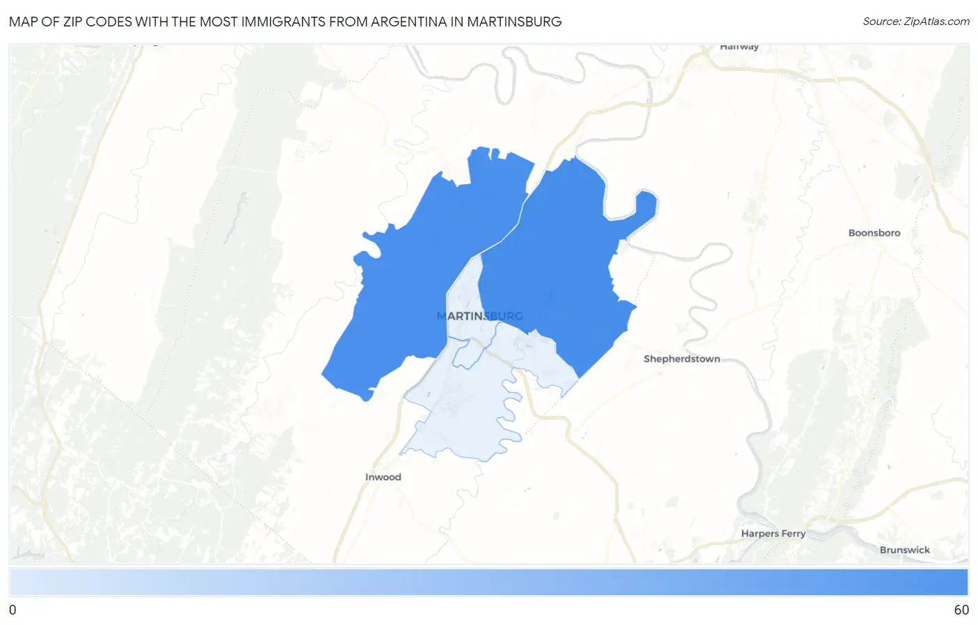 Zip Codes with the Most Immigrants from Argentina in Martinsburg Map