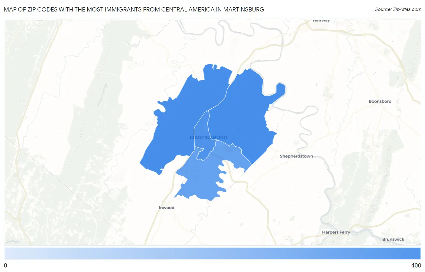 Zip Codes with the Most Immigrants from Central America in Martinsburg Map