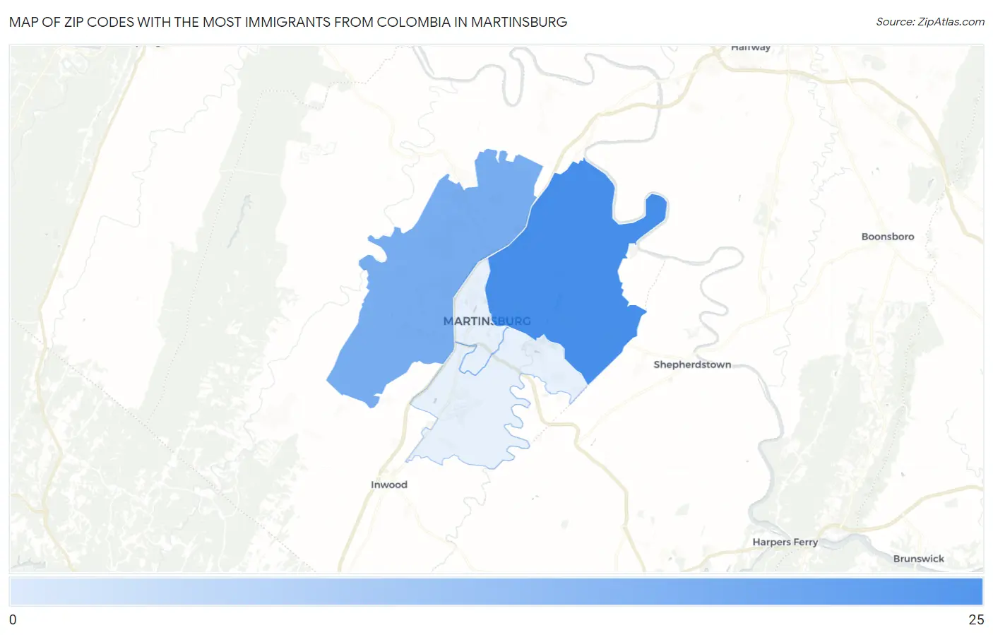 Zip Codes with the Most Immigrants from Colombia in Martinsburg Map