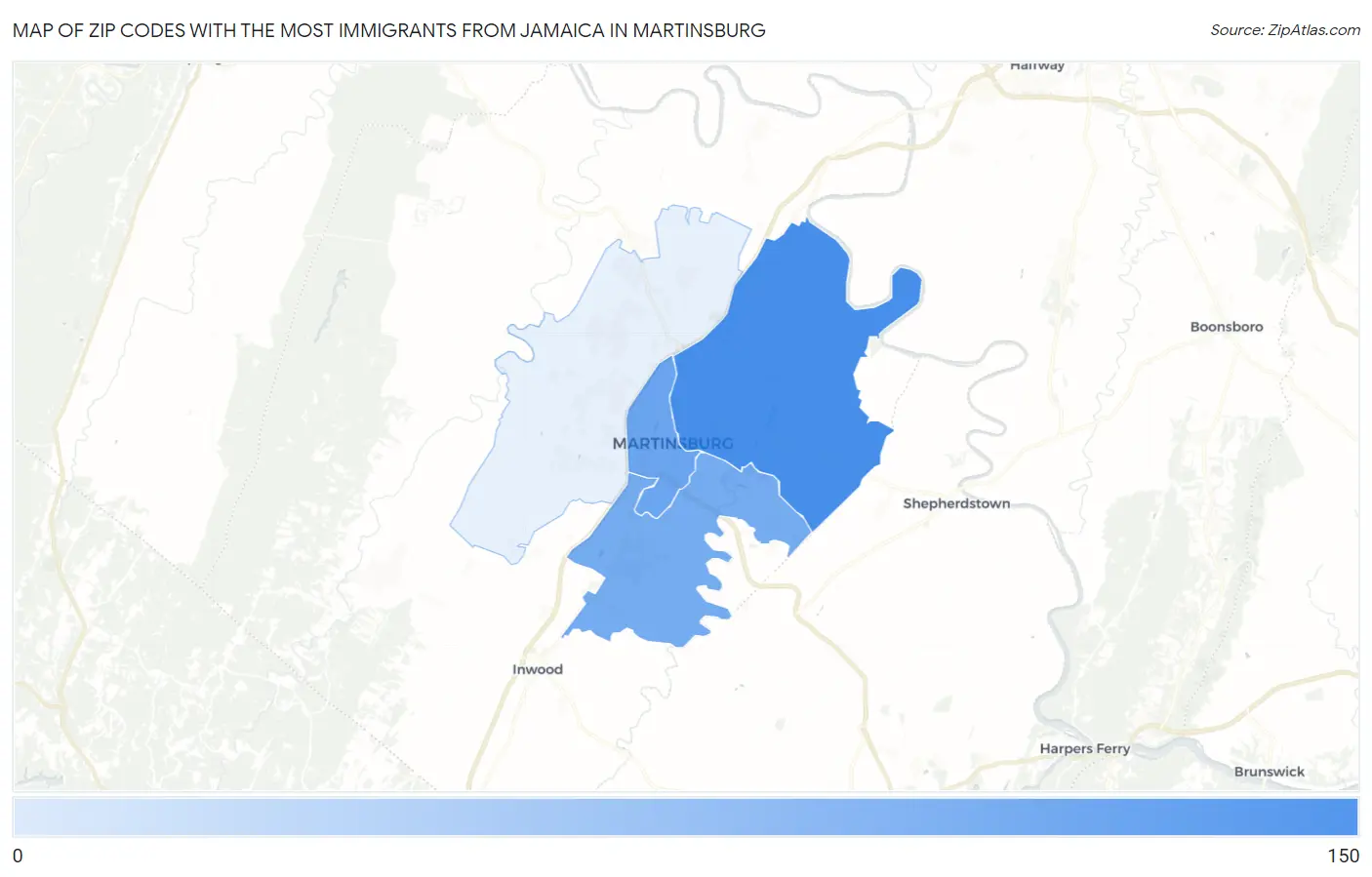 Zip Codes with the Most Immigrants from Jamaica in Martinsburg Map