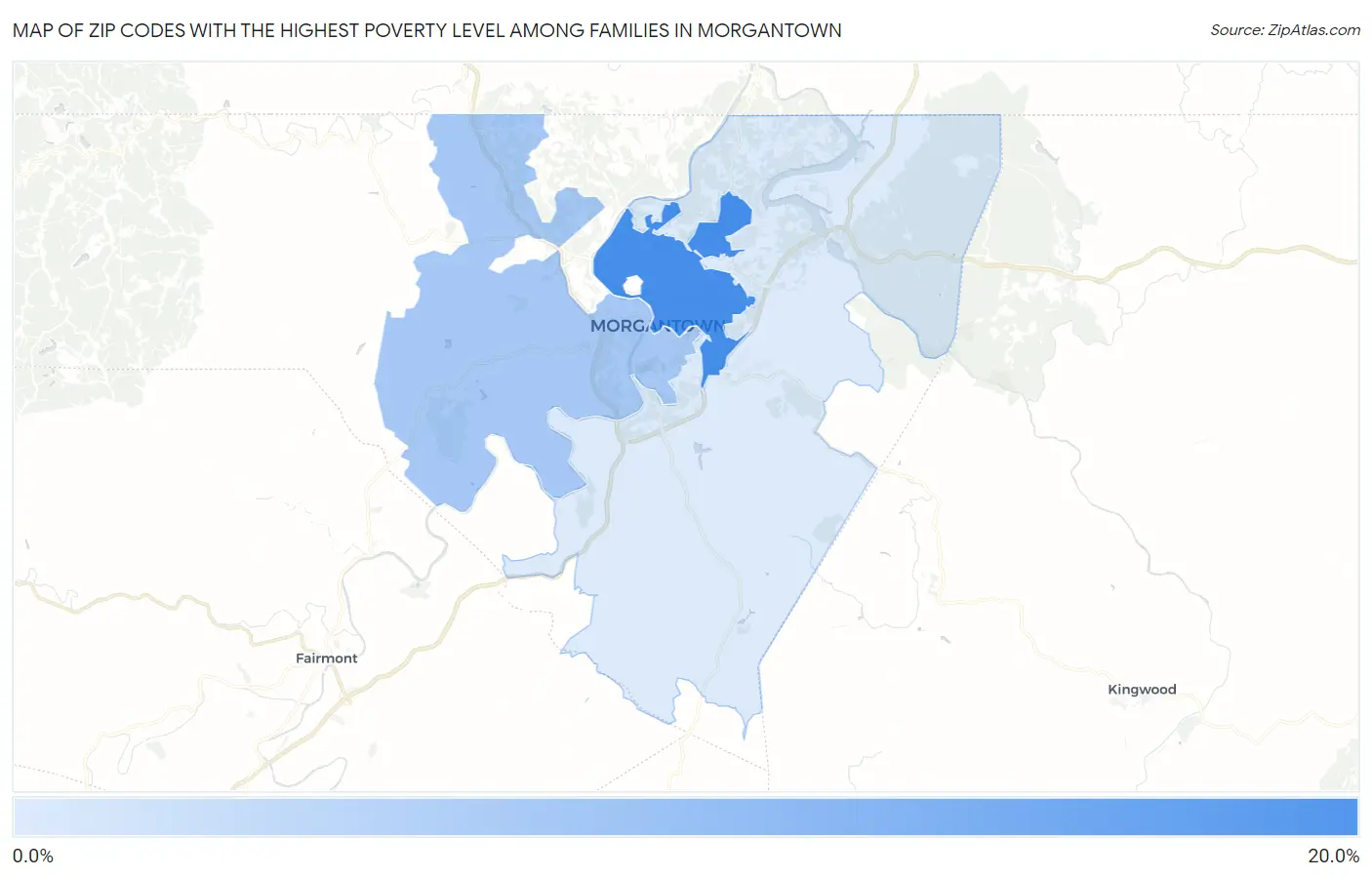 Zip Codes with the Highest Poverty Level Among Families in Morgantown Map