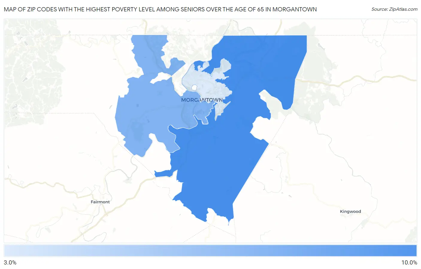 Zip Codes with the Highest Poverty Level Among Seniors Over the Age of 65 in Morgantown Map