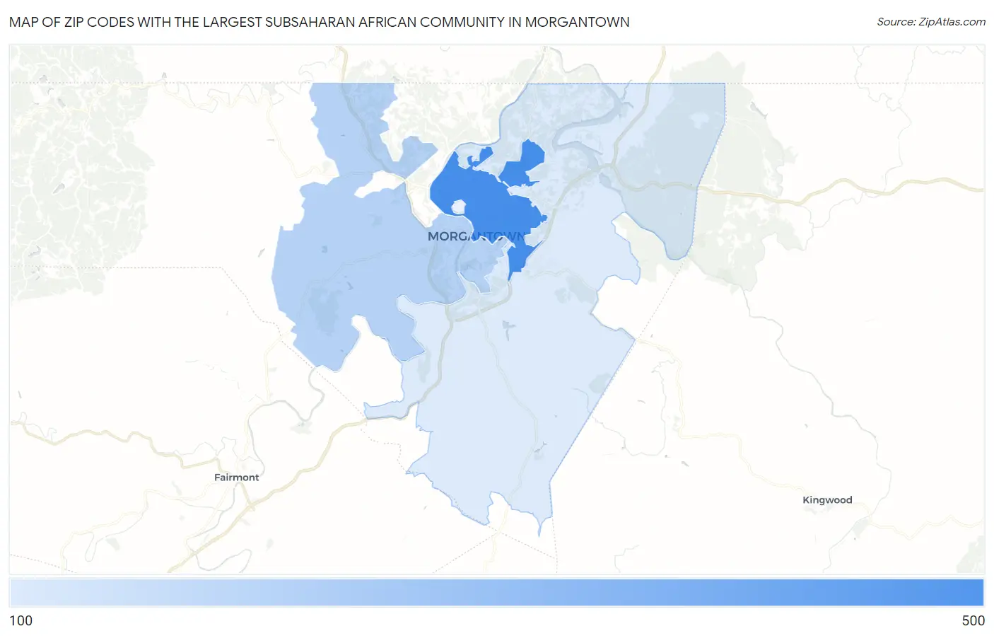 Zip Codes with the Largest Subsaharan African Community in Morgantown Map