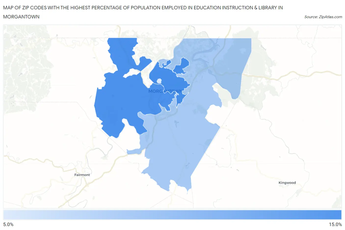 Zip Codes with the Highest Percentage of Population Employed in Education Instruction & Library in Morgantown Map