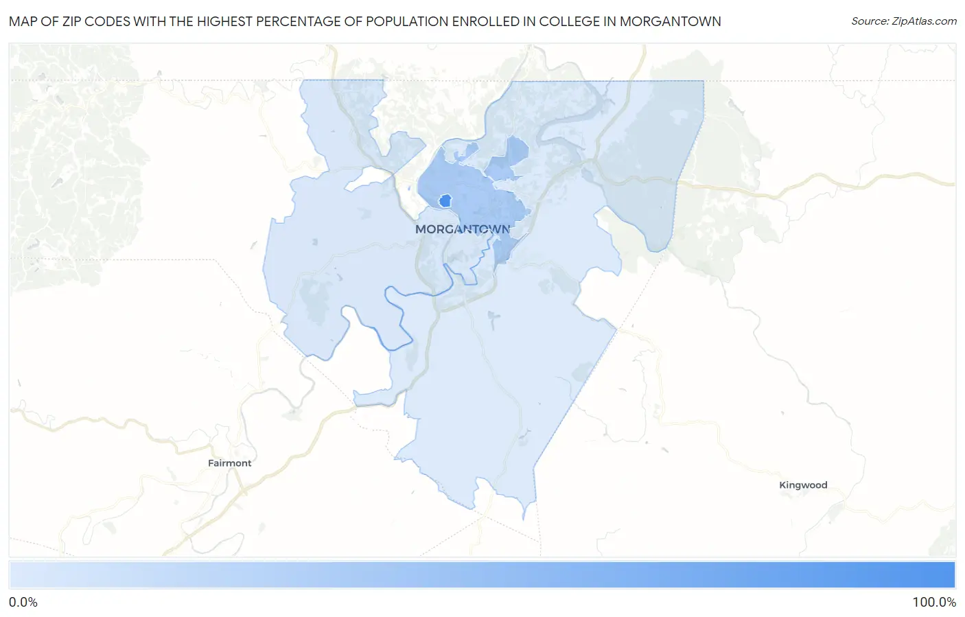 Zip Codes with the Highest Percentage of Population Enrolled in College in Morgantown Map