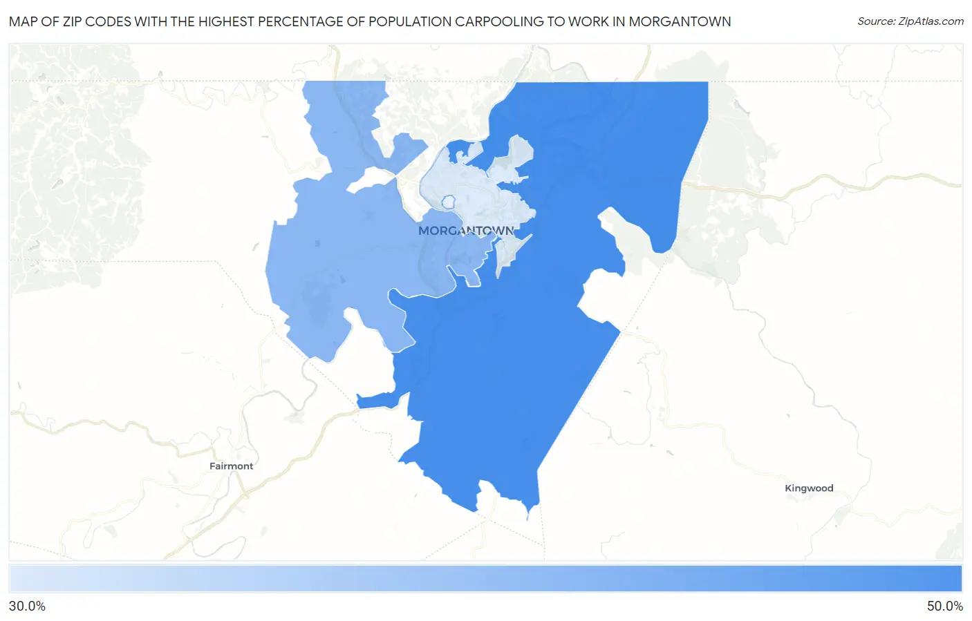 Zip Codes with the Highest Percentage of Population Carpooling to Work in Morgantown Map