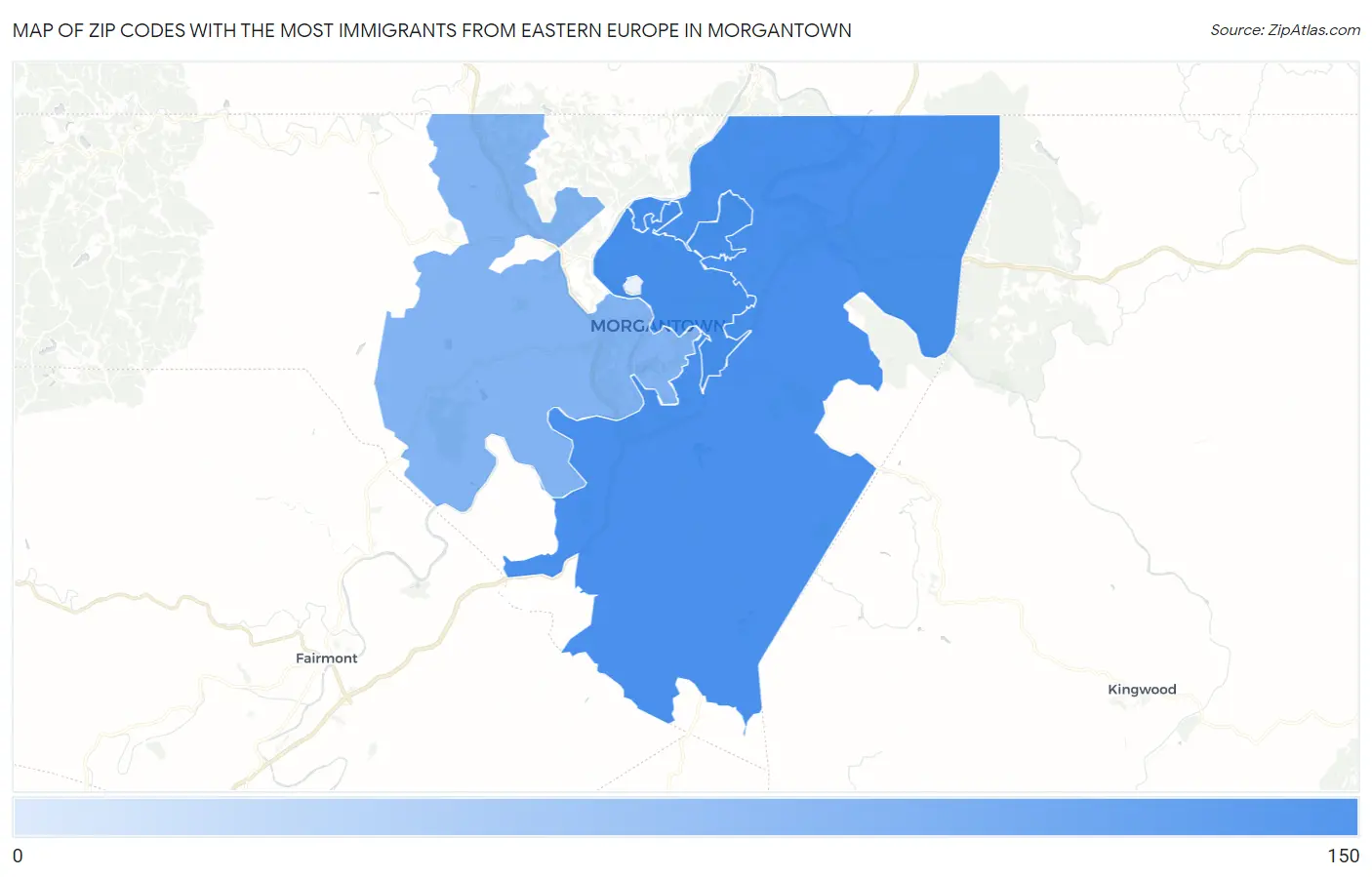 Zip Codes with the Most Immigrants from Eastern Europe in Morgantown Map
