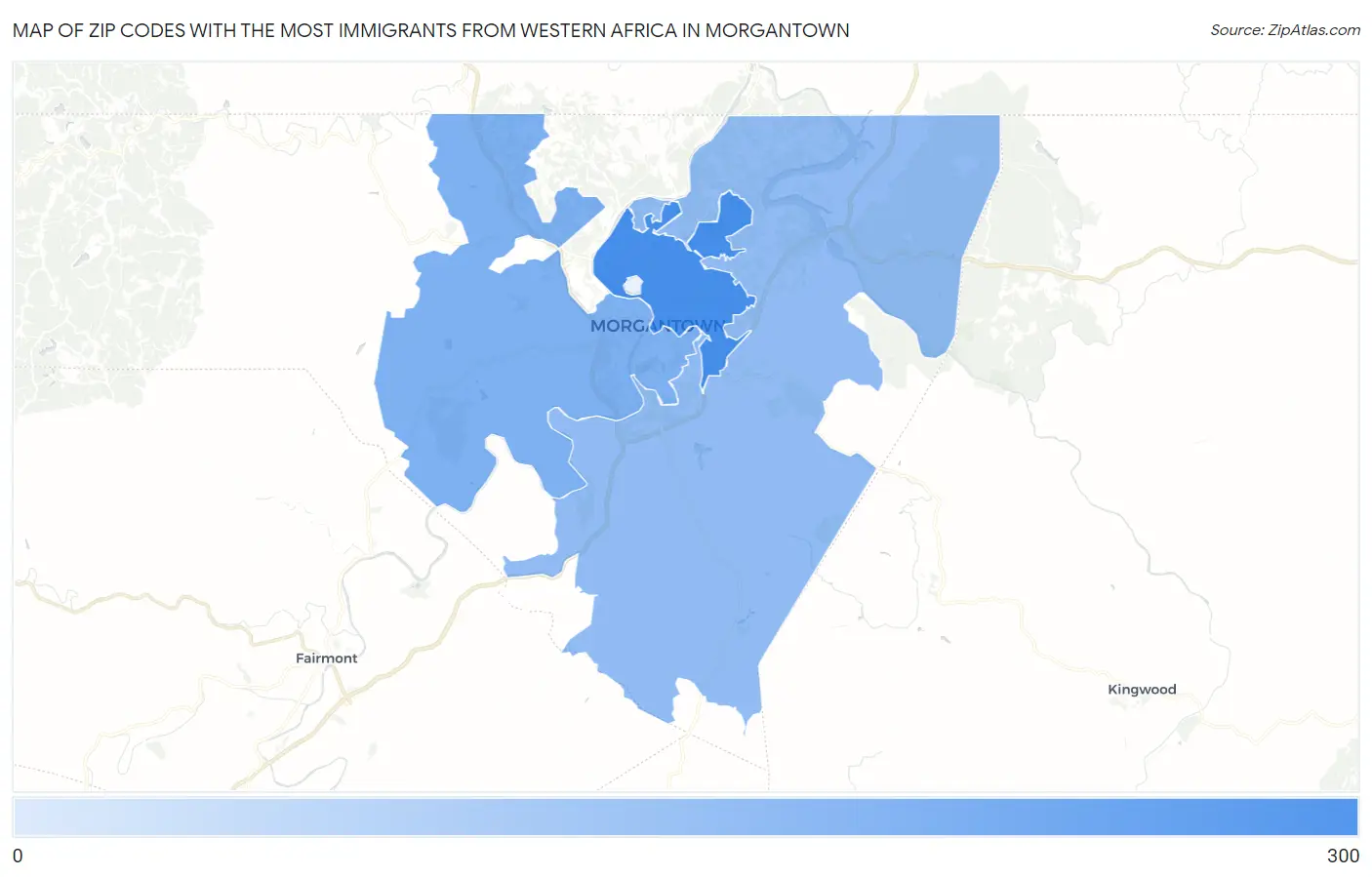 Zip Codes with the Most Immigrants from Western Africa in Morgantown Map