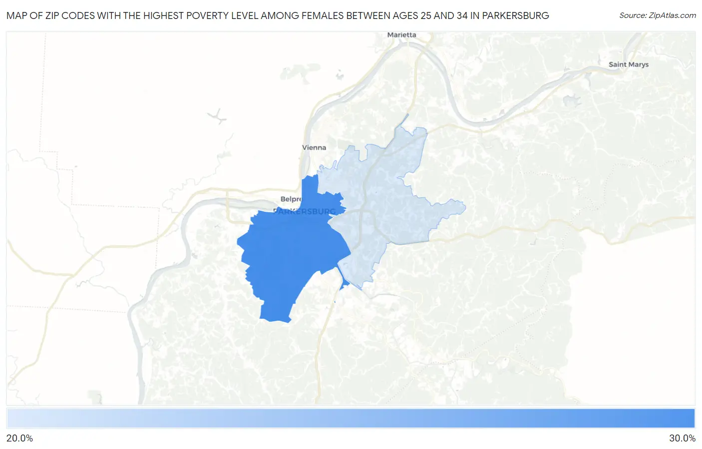 Zip Codes with the Highest Poverty Level Among Females Between Ages 25 and 34 in Parkersburg Map