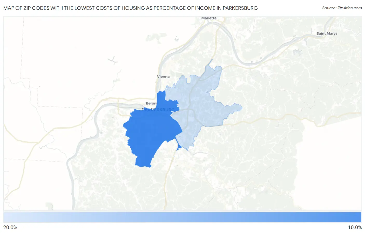 Zip Codes with the Lowest Costs of Housing as Percentage of Income in Parkersburg Map