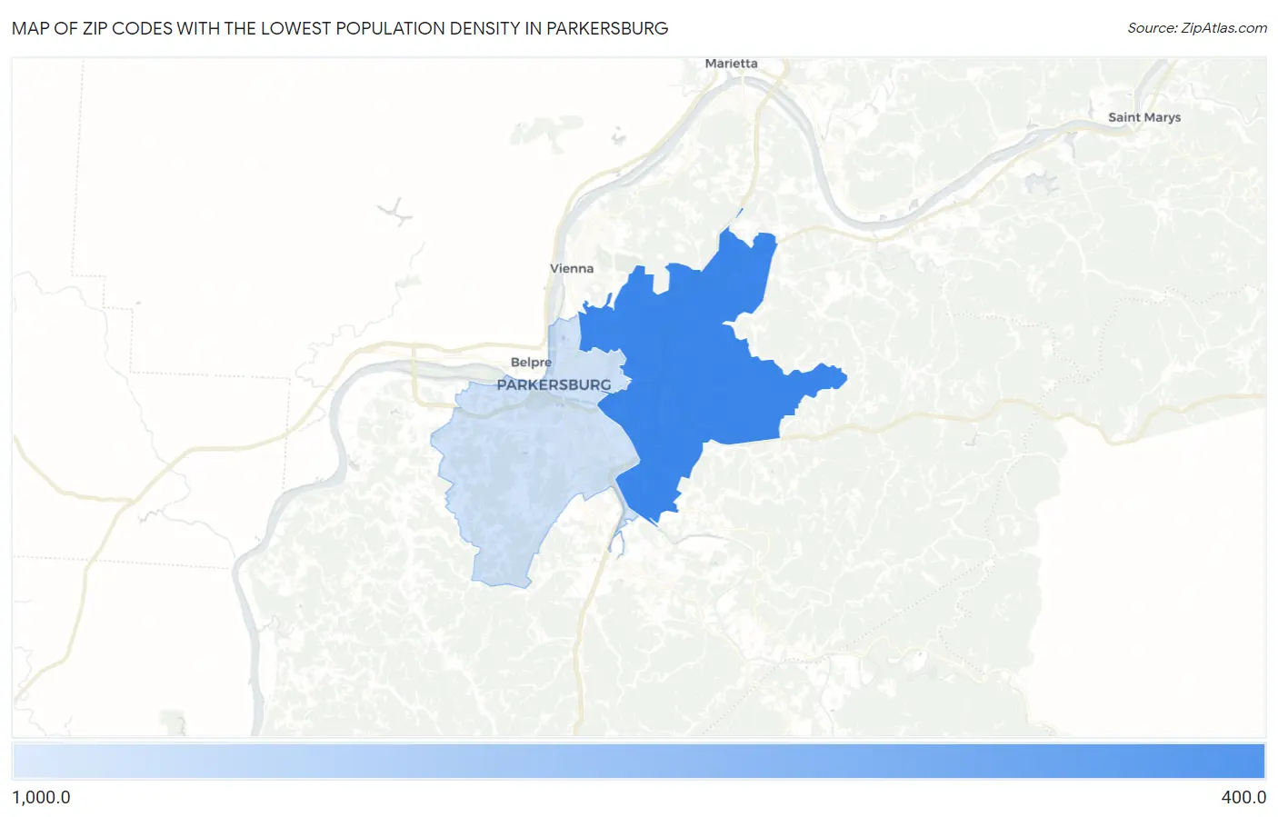 Zip Codes with the Lowest Population Density in Parkersburg Map