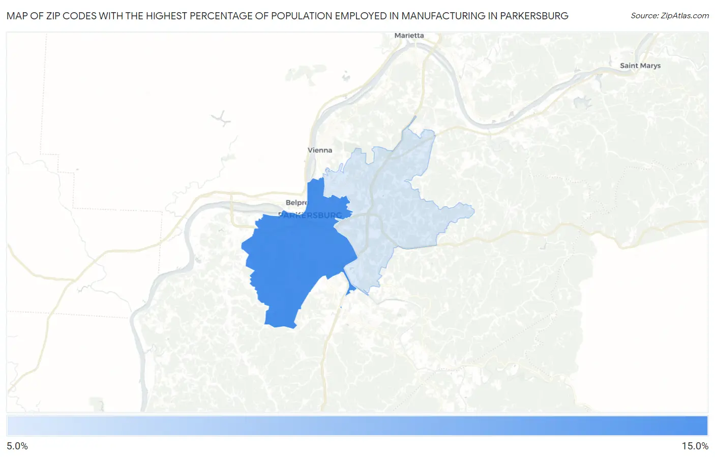 Zip Codes with the Highest Percentage of Population Employed in Manufacturing in Parkersburg Map