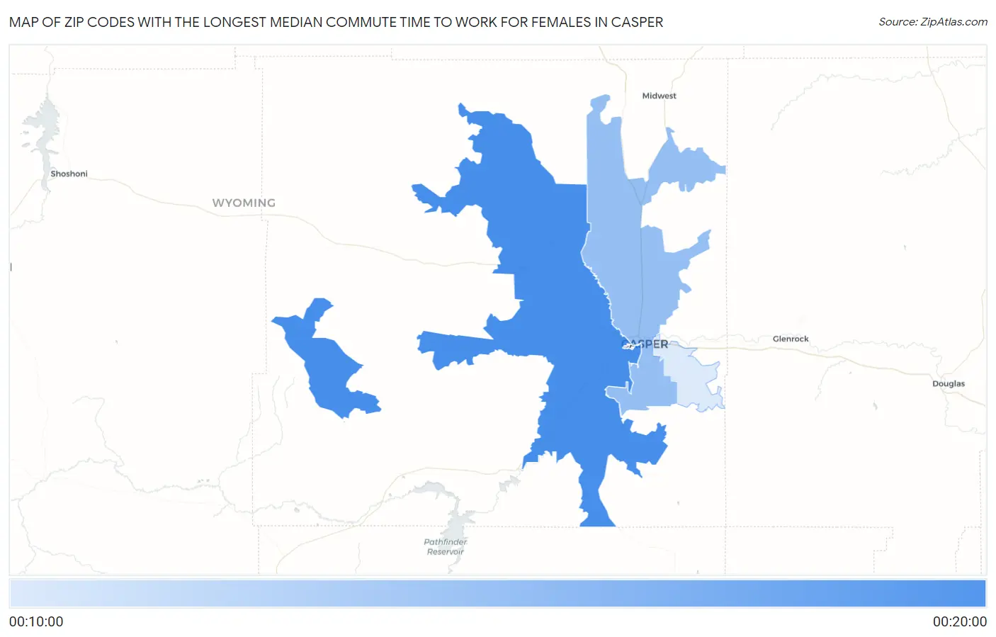 Zip Codes with the Longest Median Commute Time to Work for Females in Casper Map