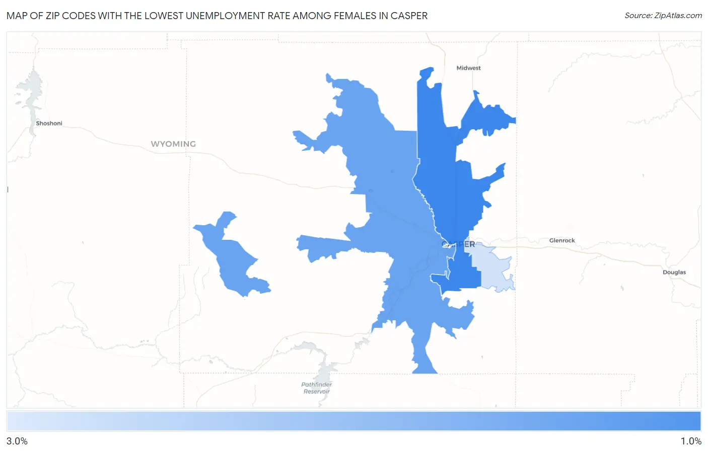 Zip Codes with the Lowest Unemployment Rate Among Females in Casper Map