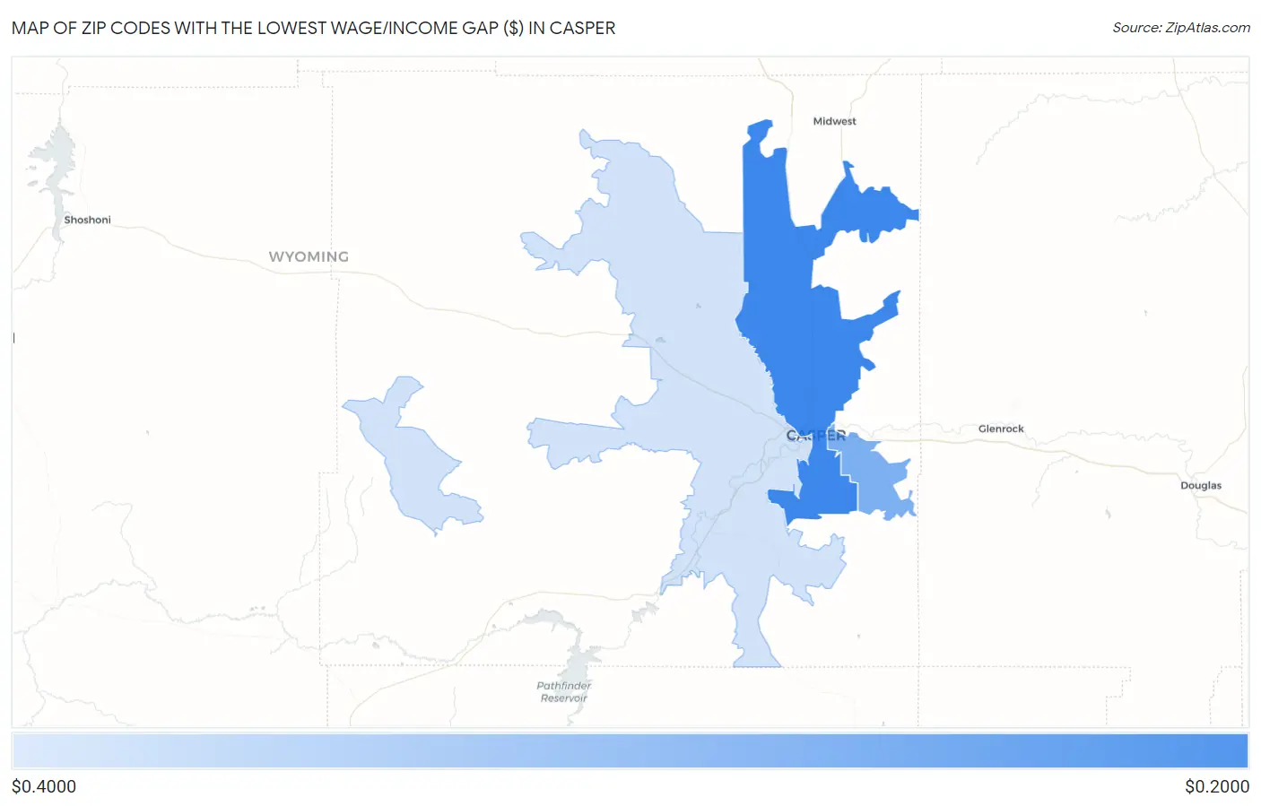 Zip Codes with the Lowest Wage/Income Gap ($) in Casper Map