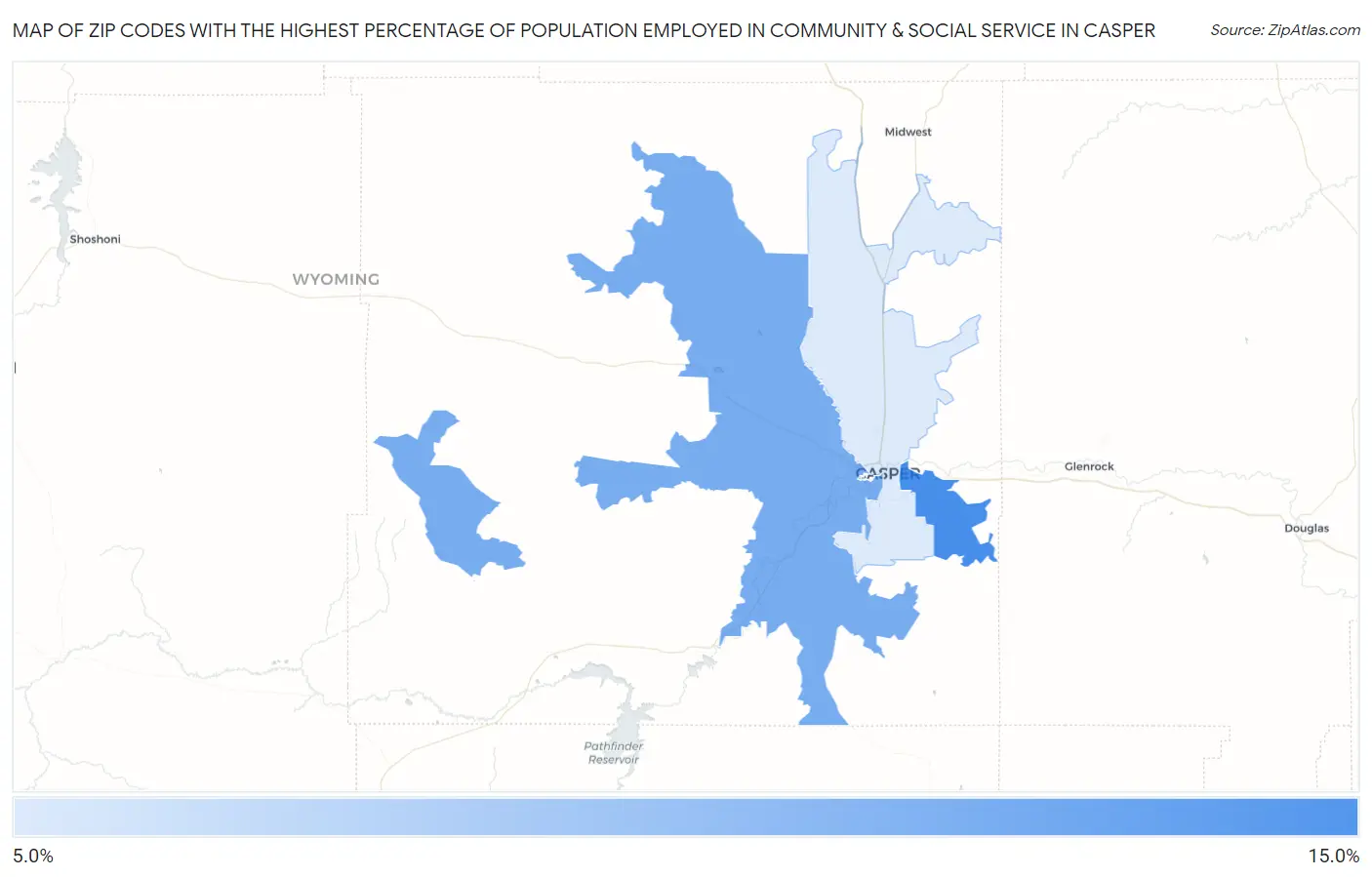 Zip Codes with the Highest Percentage of Population Employed in Community & Social Service  in Casper Map