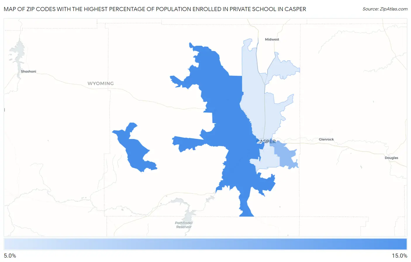 Zip Codes with the Highest Percentage of Population Enrolled in Private School in Casper Map