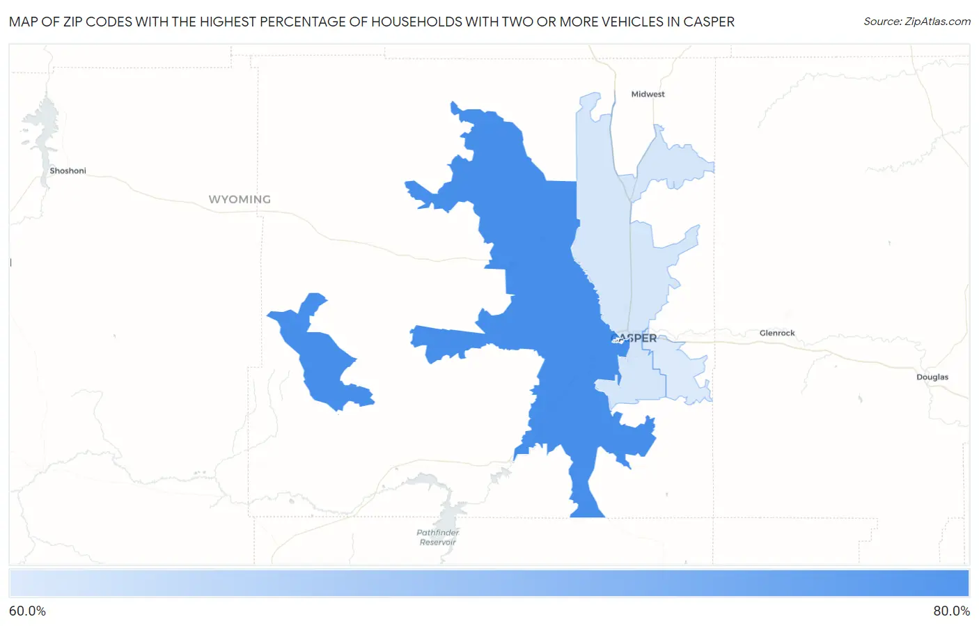 Zip Codes with the Highest Percentage of Households With Two or more Vehicles in Casper Map