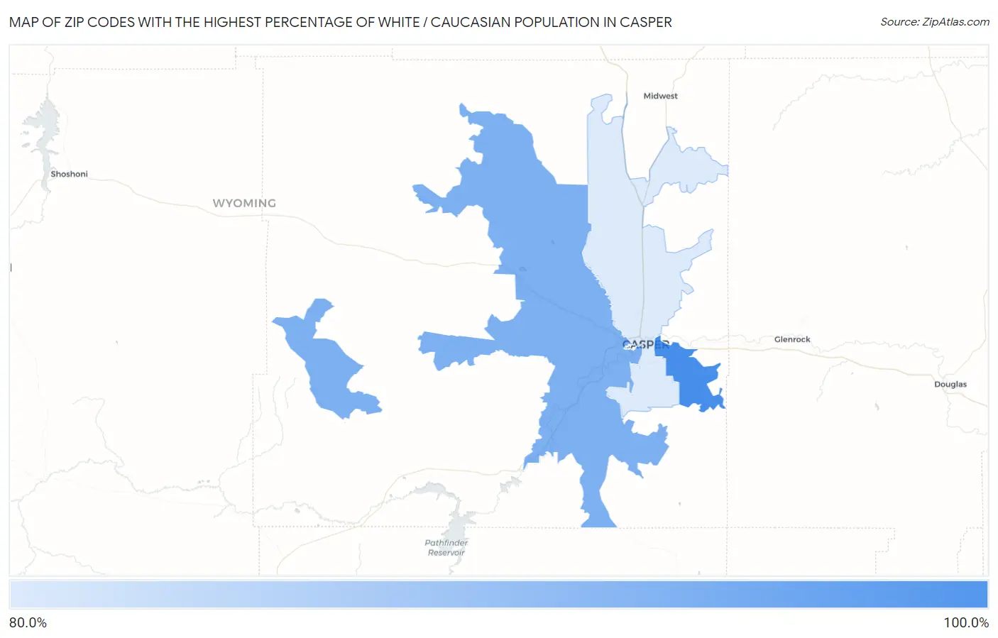 Zip Codes with the Highest Percentage of White / Caucasian Population in Casper Map