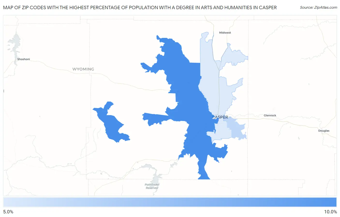 Zip Codes with the Highest Percentage of Population with a Degree in Arts and Humanities in Casper Map