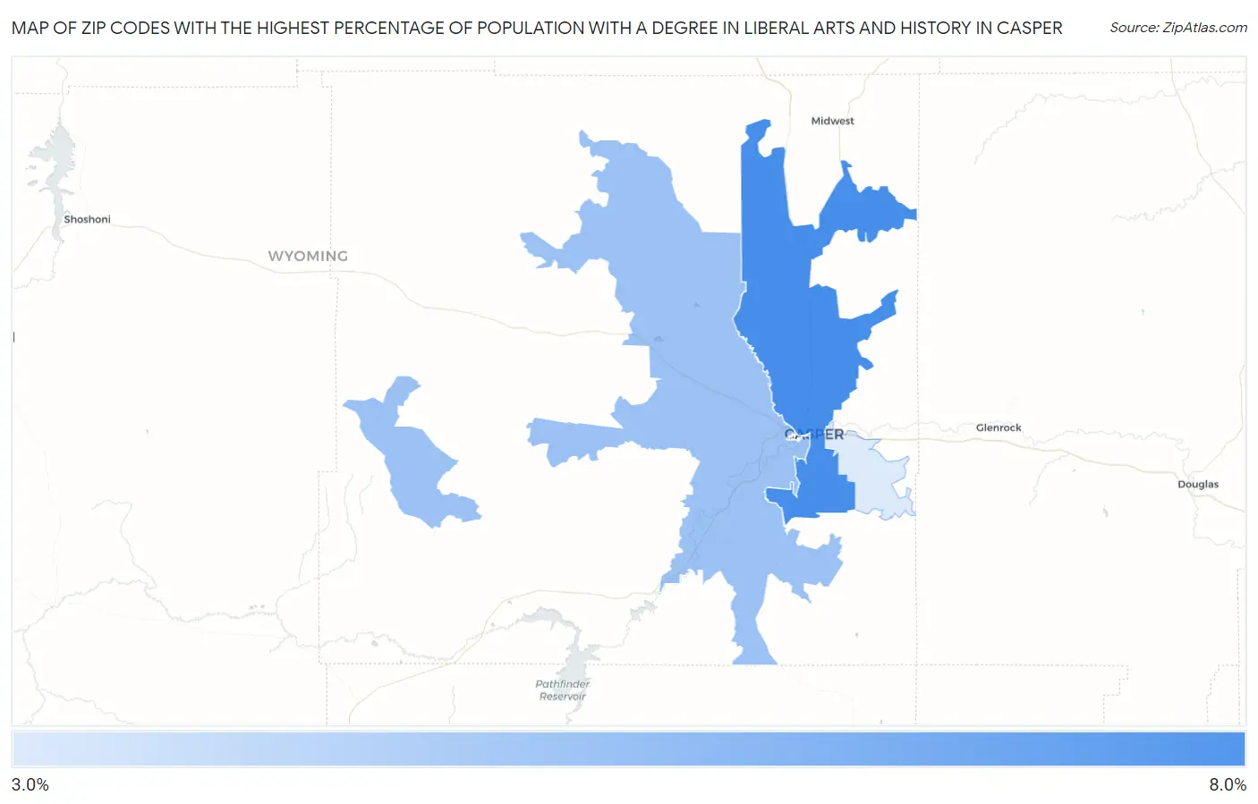 Zip Codes with the Highest Percentage of Population with a Degree in Liberal Arts and History in Casper Map
