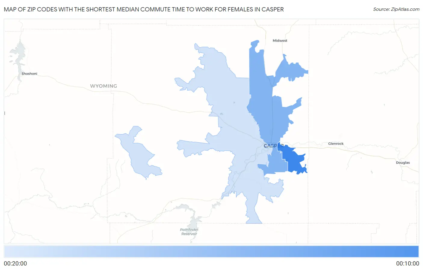Zip Codes with the Shortest Median Commute Time to Work for Females in Casper Map