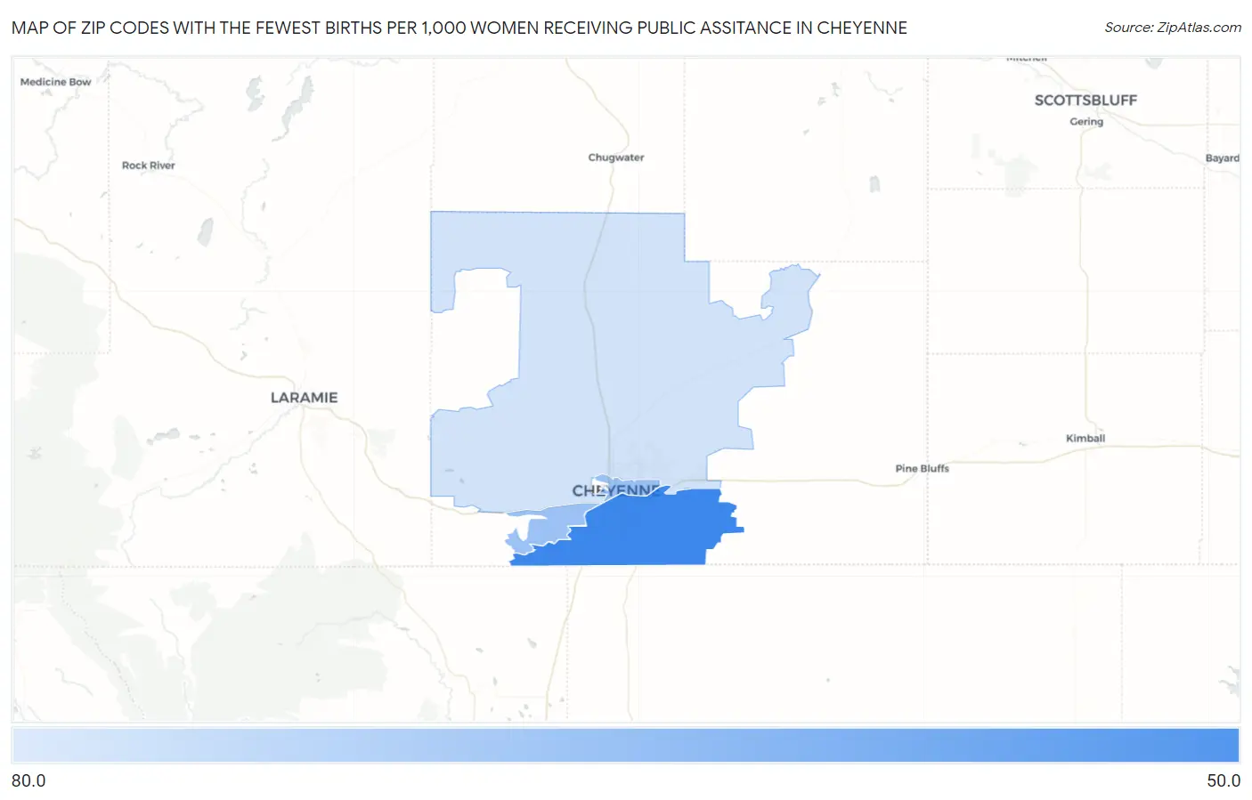 Zip Codes with the Fewest Births per 1,000 Women Receiving Public Assitance in Cheyenne Map