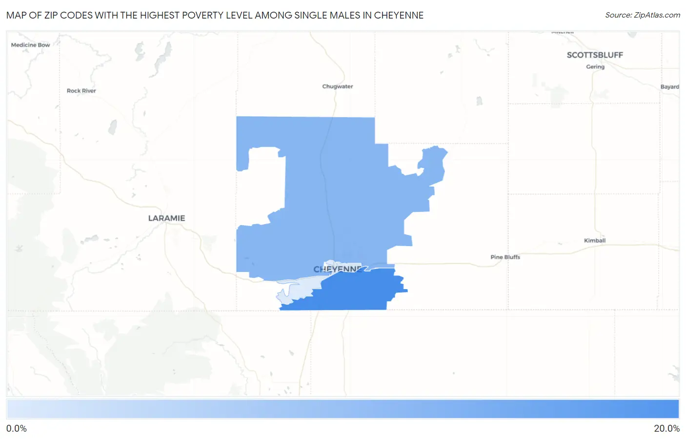 Zip Codes with the Highest Poverty Level Among Single Males in Cheyenne Map