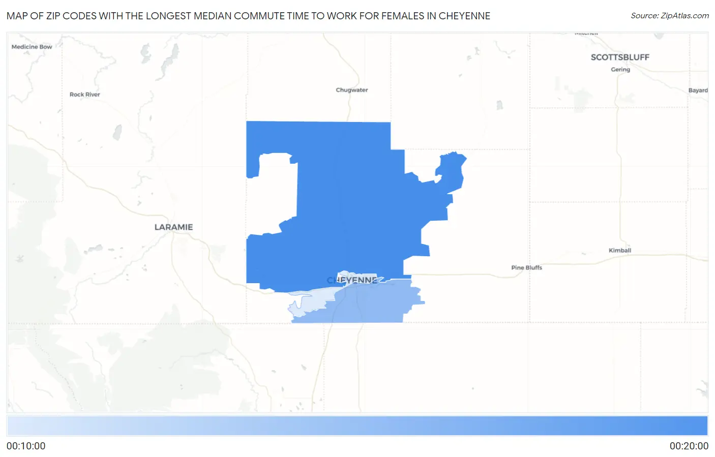 Zip Codes with the Longest Median Commute Time to Work for Females in Cheyenne Map