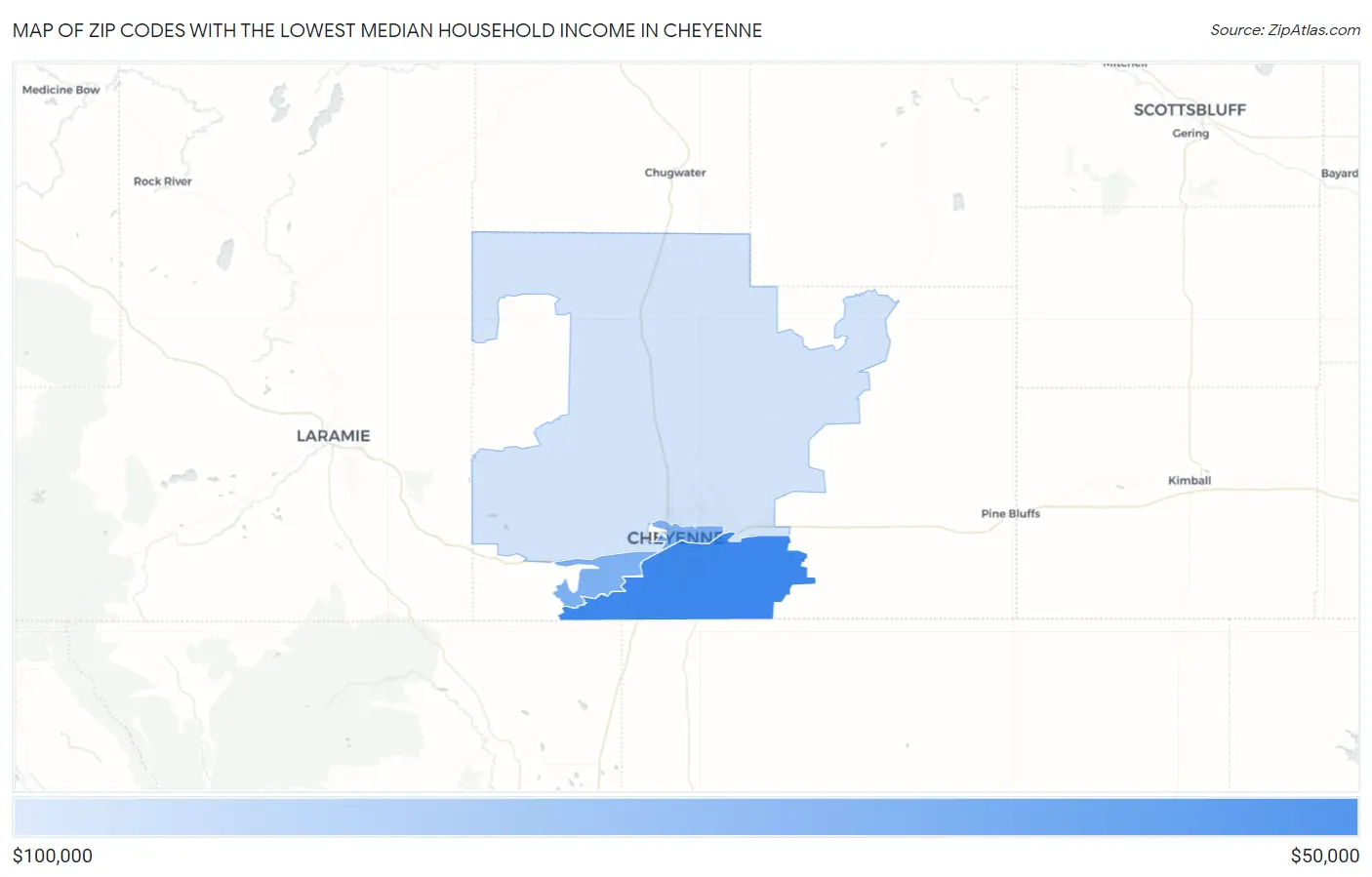 Zip Codes with the Lowest Median Household Income in Cheyenne Map