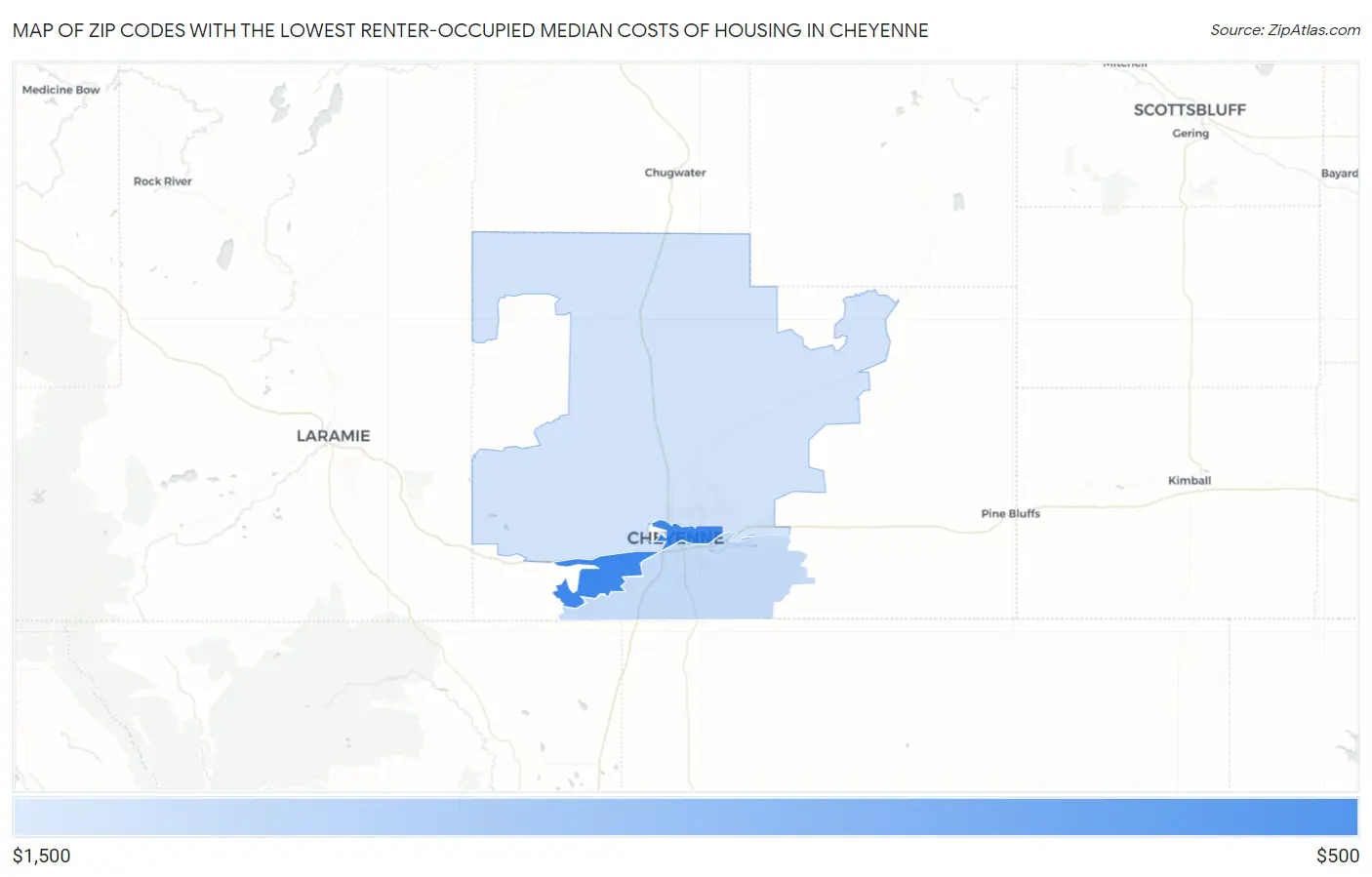 Zip Codes with the Lowest Renter-Occupied Median Costs of Housing in Cheyenne Map