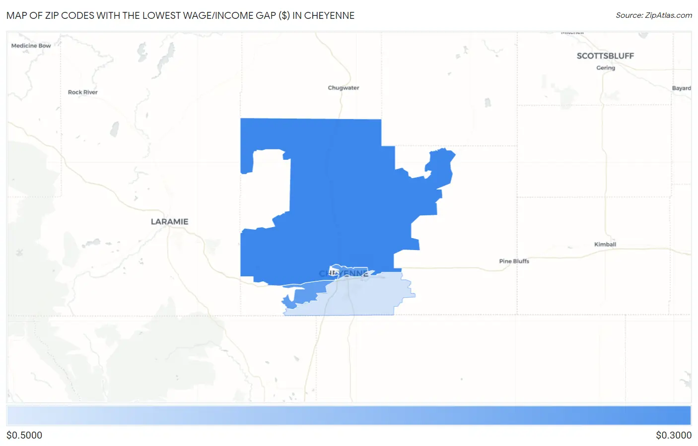 Zip Codes with the Lowest Wage/Income Gap ($) in Cheyenne Map