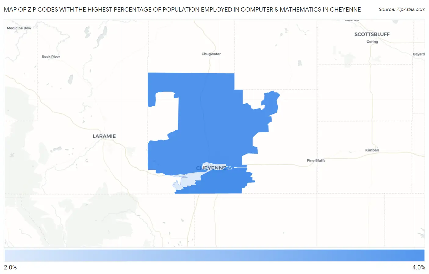 Zip Codes with the Highest Percentage of Population Employed in Computer & Mathematics in Cheyenne Map