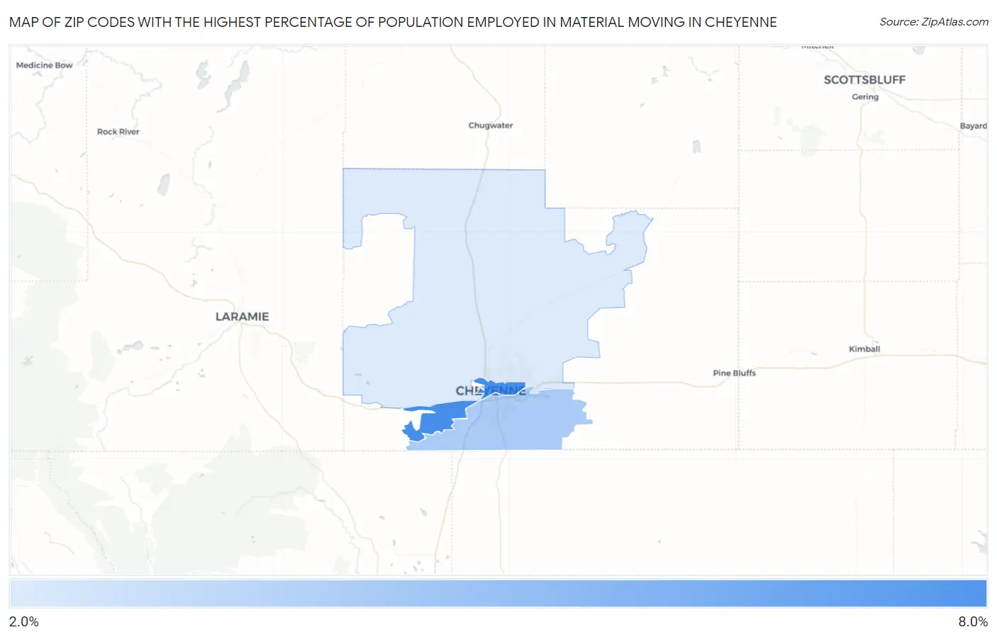 Zip Codes with the Highest Percentage of Population Employed in Material Moving in Cheyenne Map