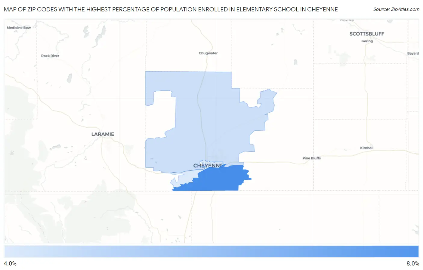 Zip Codes with the Highest Percentage of Population Enrolled in Elementary School in Cheyenne Map