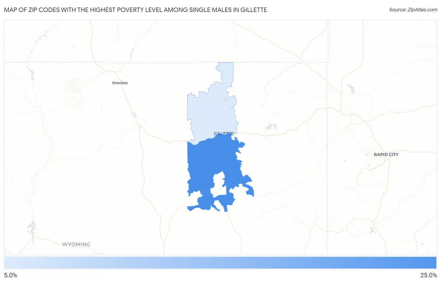 Zip Codes with the Highest Poverty Level Among Single Males in Gillette Map