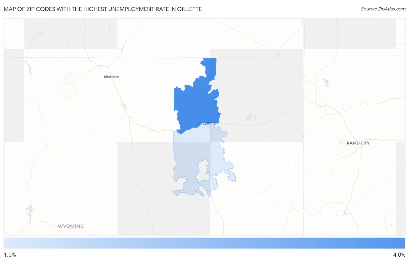 Zip Codes with the Highest Unemployment Rate in Gillette Map