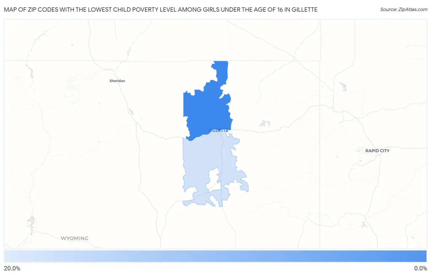 Zip Codes with the Lowest Child Poverty Level Among Girls Under the Age of 16 in Gillette Map
