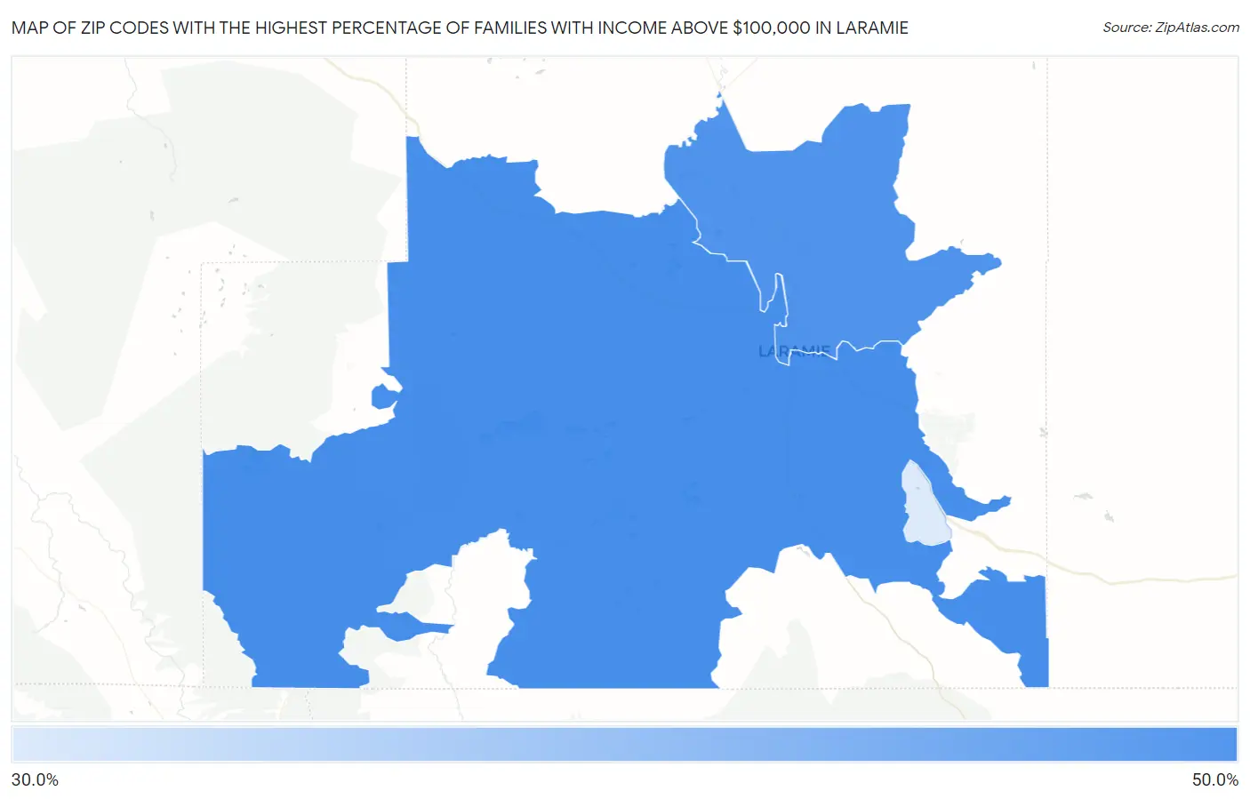Zip Codes with the Highest Percentage of Families with Income Above $100,000 in Laramie Map
