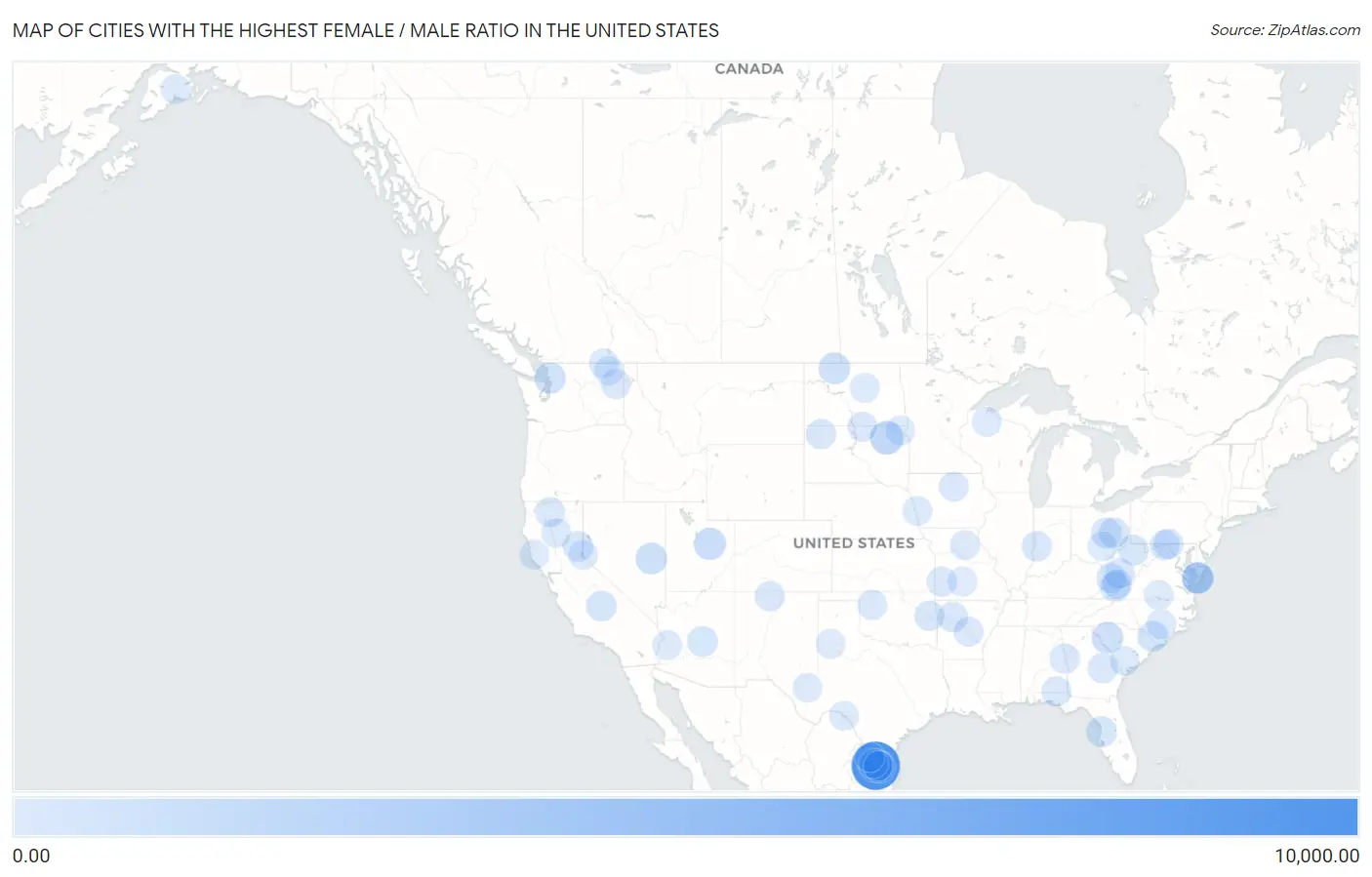 Cities with the Highest Female / Male Ratio in the United States Map