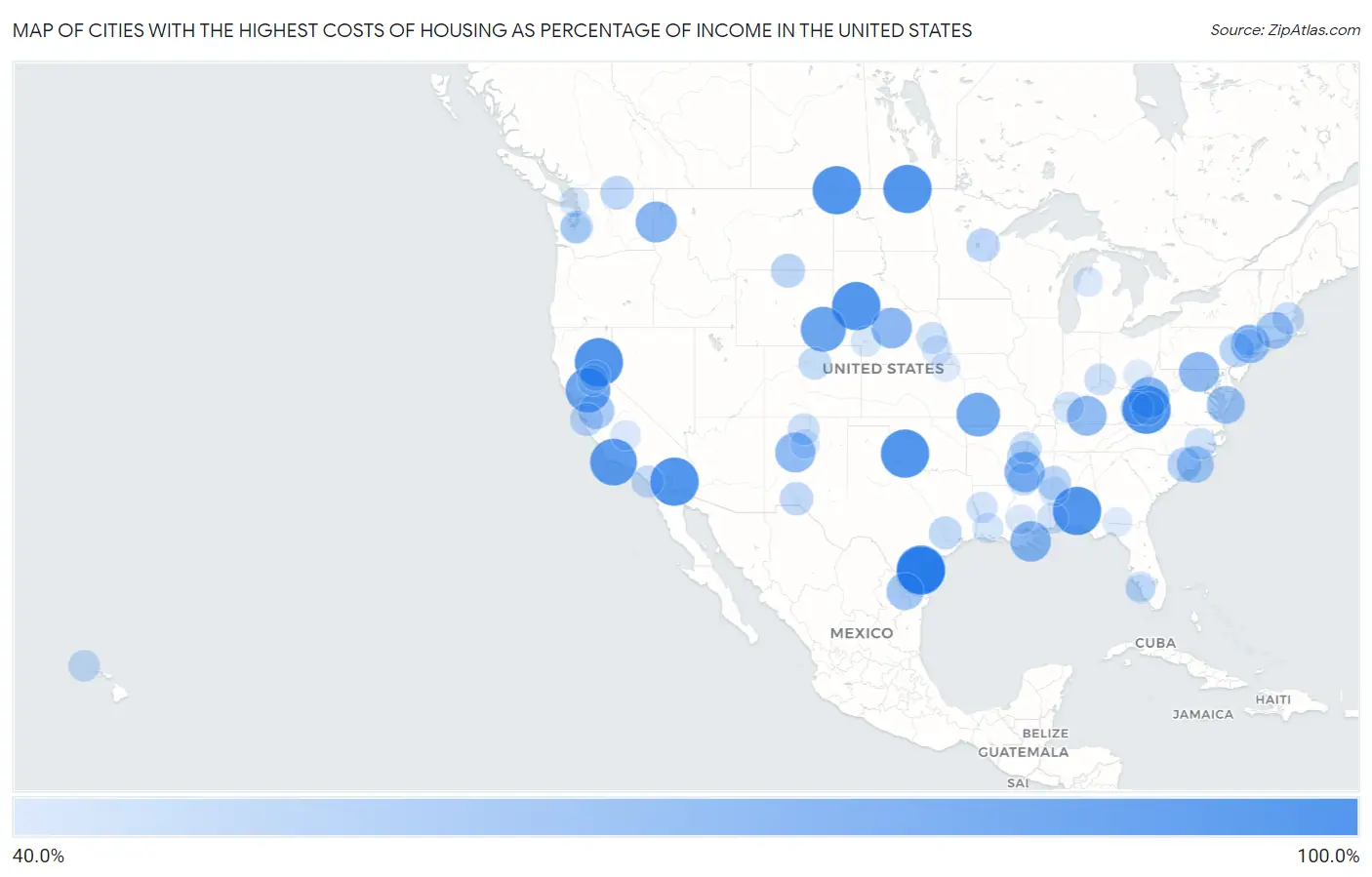 Cities with the Highest Costs of Housing as Percentage of Income in the United States Map