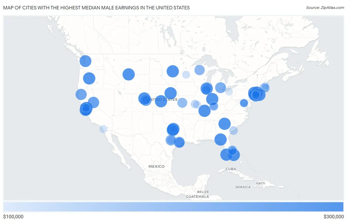 Cities with the Highest Median Male Earnings in the United States Map