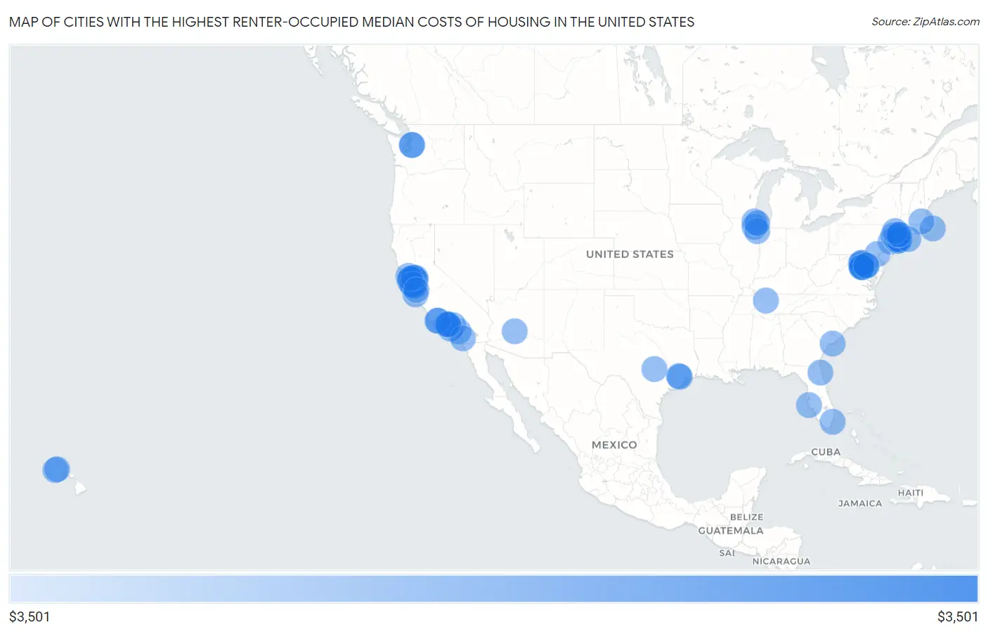 Cities with the Highest Renter-Occupied Median Costs of Housing in the United States Map